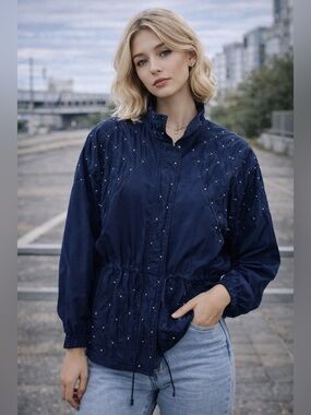 Vintage Women’s Studded Navy Blue Cinch Retro Windbreaker